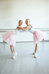 Cute little ballerinas in pink ballet costume and pointe shoes is dancing in the room. Kid in dance...