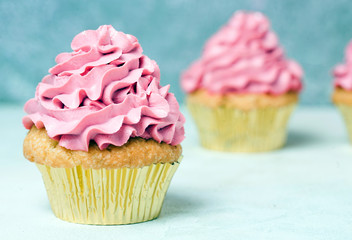 Pink cupcakes with roses and holiday cake. Festive and bright. Wedding Celebration concept.