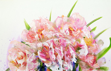 Bouquet of pink flowers with paint drips. Oil painting on Canvas