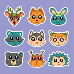 Obraz premium Fashion patch badges with deer, squirrel, hare, rabbit, owl, raccoon and other. Very large set of girlish and boyish stickers, patches in cartoon isolated.Trendy print for backpacks, things, clothes