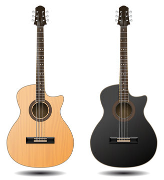 Guitar set isolated on white background. Classic guitar for Your business project. Black and brown wooden guitars. Vector Illustration