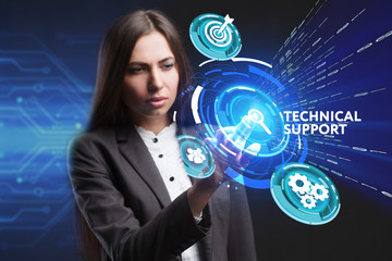 The concept of business, technology, the Internet and the network. A young entrepreneur working on a virtual screen of the future and sees the inscription: Technical support