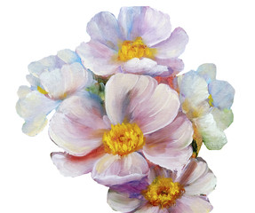 Fototapeta premium Bouquet of pink flowers with paint drips. Oil painting on Canvas. Isolated on white background