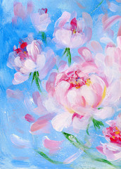 Blooming pink peonyon blue background. Oil painting on canvas