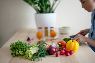On the kitchen table lying the vegetables for salad, in the background woman cut vegetables for salad