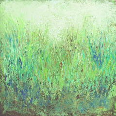 Abstract grassy landscape in tender green colors, original art work, oil painting on canvas made with palette knife