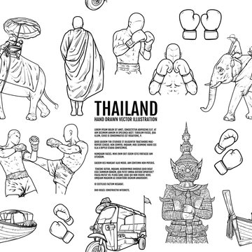 Thailand Travel Landmarks pattern. Hand draw Vector Illustration. Amazing thailand