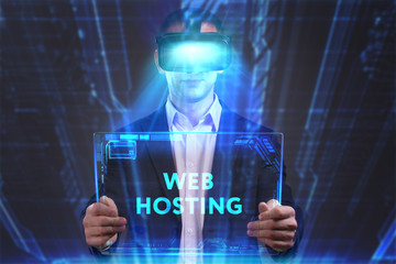 Business, Technology, Internet and network concept. Young businessman working in virtual reality...