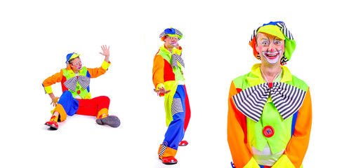 Collage of three: smiling and fooling around animator in clown theater role. Emotional and colorful. Isolated background