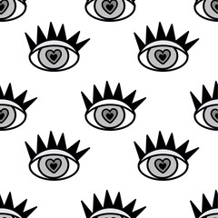 Pattern in the style of psychedelic eyes. Closed and open eye. Print for the fabric cover, the book.Vector comic seamless pattern in pop retro artstyle. Abstract background for girls, boys, clothes.