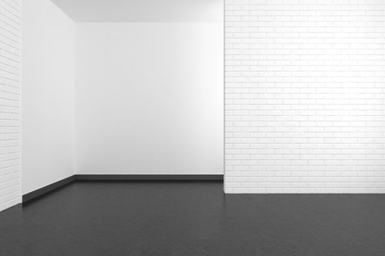 Empty Modern Room With White Brick Wall And Dark Floor