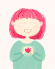 Cute positive girl with little heart in her hands