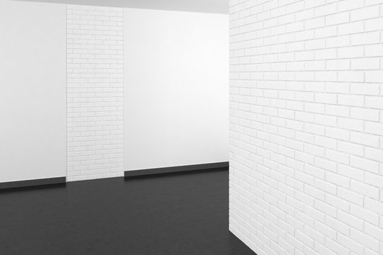 empty modern room with white brick wall and dark floor