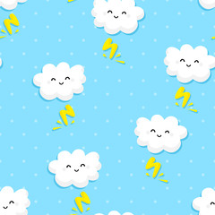 Seamless pattern with funny clouds and lightning on blue background. Ornament for children's textiles and wrapping. Comics style. Vector.