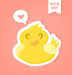 Sticker with rubber duck and heart in cloud on pink background. Duck Day poster. Vector.