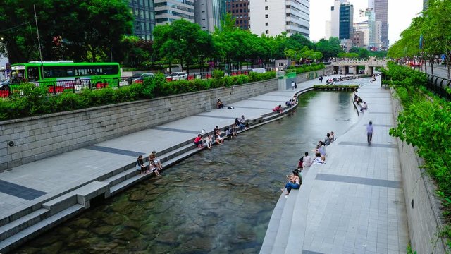 Cheonggyecheon Stream Park in Seoul City, South Korea. 4K Timelapse