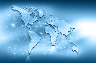 World map on a technological background, glowing lines symbols of the Internet, radio, television, mobile and satellite communications.