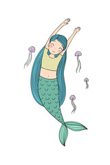 Beautiful little mermaid and jellyfish. Siren. Sea theme.