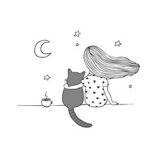 Girl and a cat on the roof