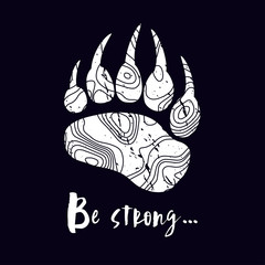 Super fashion design logo. The modern trend fictional topo map design and a trace from a bear. Silhouette of foot with contour map. Abstract topographic icon. White and black color. Mapping logotype.