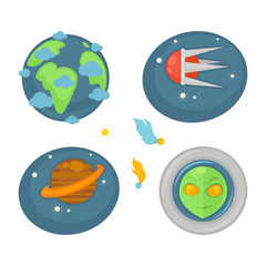 Space elements and creature poster of four isolated on white