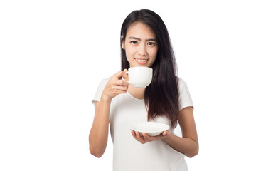 Portrait young woman holding white coffee cup isolated on white background