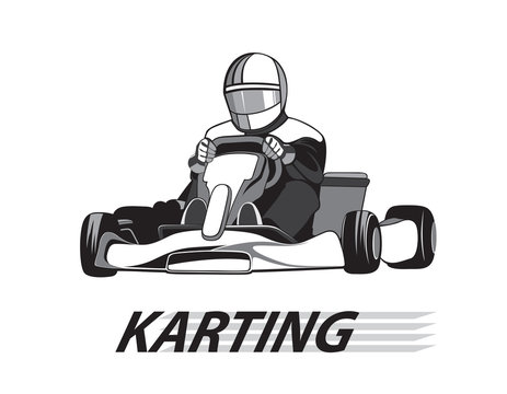 Racer in the kart in black and white color / Karting, Icon, Winner