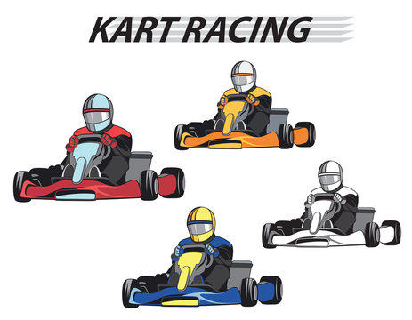 Racers in the karts in different colors / Karting, Competition, Championship, Winne