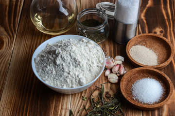 Flour, garlic and spices, a set of ingredients