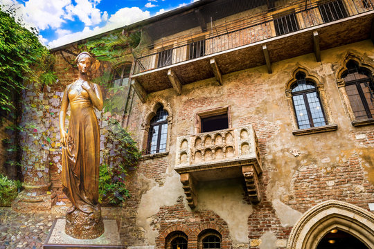 A collage of photos of a bronze statue of Juliet and a balcony juliet Verona Italy