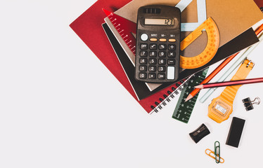 School supplies used in math class, geometry or science. Mathematics geometry tool for student in math class with copy space for text and isolated on white background. Mathematics concept.