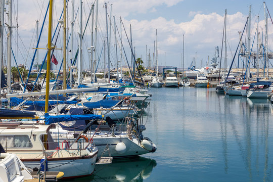 Boats and yachts moored off in marina of Larnaka, Cyprus
