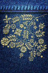 Girl denim texture with embroidery gold trend floral bouquet. Stitch patch jeans dress. Contemporary traditional folk with golden flowers arrangements on blue background for dress design. Vector.