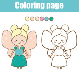 Coloring page with cute fairy character. Color by numbers educational children game, drawing kids activity.