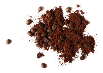 Pile of powdered, instant coffee and beans isolated on white background, top view
