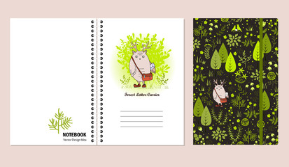 Cover design for notebooks or scrapbooks with doodle forest and cute monster. Vector illustration.