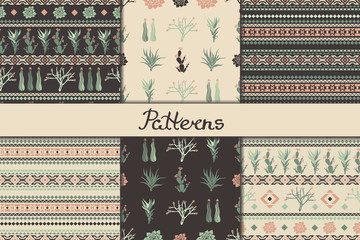 Set of seamless patterns with geometric shapes, succulents and cacti. Vector illustration.