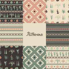 Set of seamless patterns with geometric shapes, succulents and cacti. Eight textures. Vector illustration.