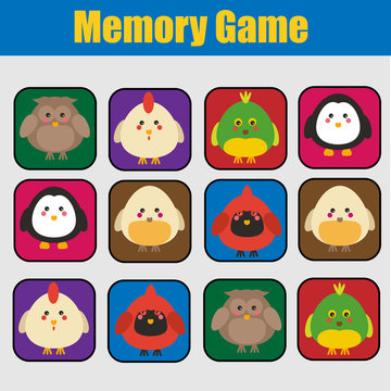 Educational children game, kids activity. Memory game, animals theme