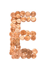 Letter E made from Euro cent coins