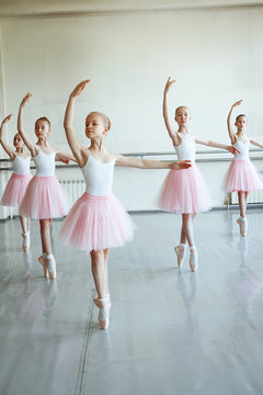 Cute little ballerinas in pink ballet costume and pointe shoes is dancing in the room. Kid in dance class. Child girl is studying ballet. Copy space.
