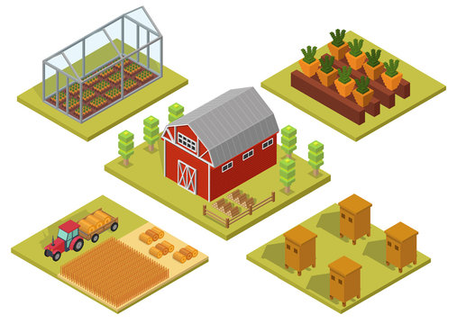 Isometric Big set infographics vector farm elements and ecology cartoon gardening background