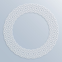 3D round white frame, vignette. Islamic geometric border, bas-relief. Vector muslim, persian motif. Elegant oriental ornament, traditional arabic art. Mosque decoration. Element for greeting cards.