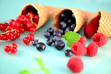 Eiswaffeln gefüllt mit Johannisbeeren, Heidelbeeren und Himbeeren