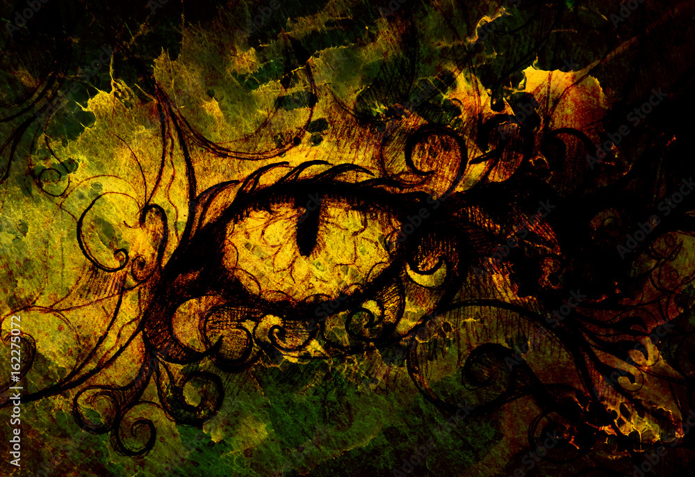 Fototapete Mystic eye and beautiful ornamental. Drawing on old paper, original hand draw. Color effect.