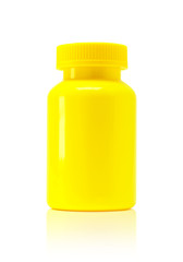 Blank packaging yellow plastic bottle for supplement product isolated on white background