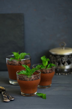 Chocolate peppermint mousse in glasses.