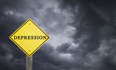 "Depression" sign under downpour sky