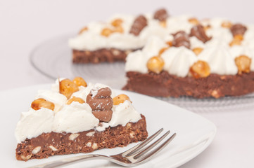 Nuts and chocolate on crispy layer with hazelnuts