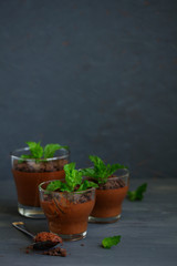 Chocolate peppermint mousse in glasses.